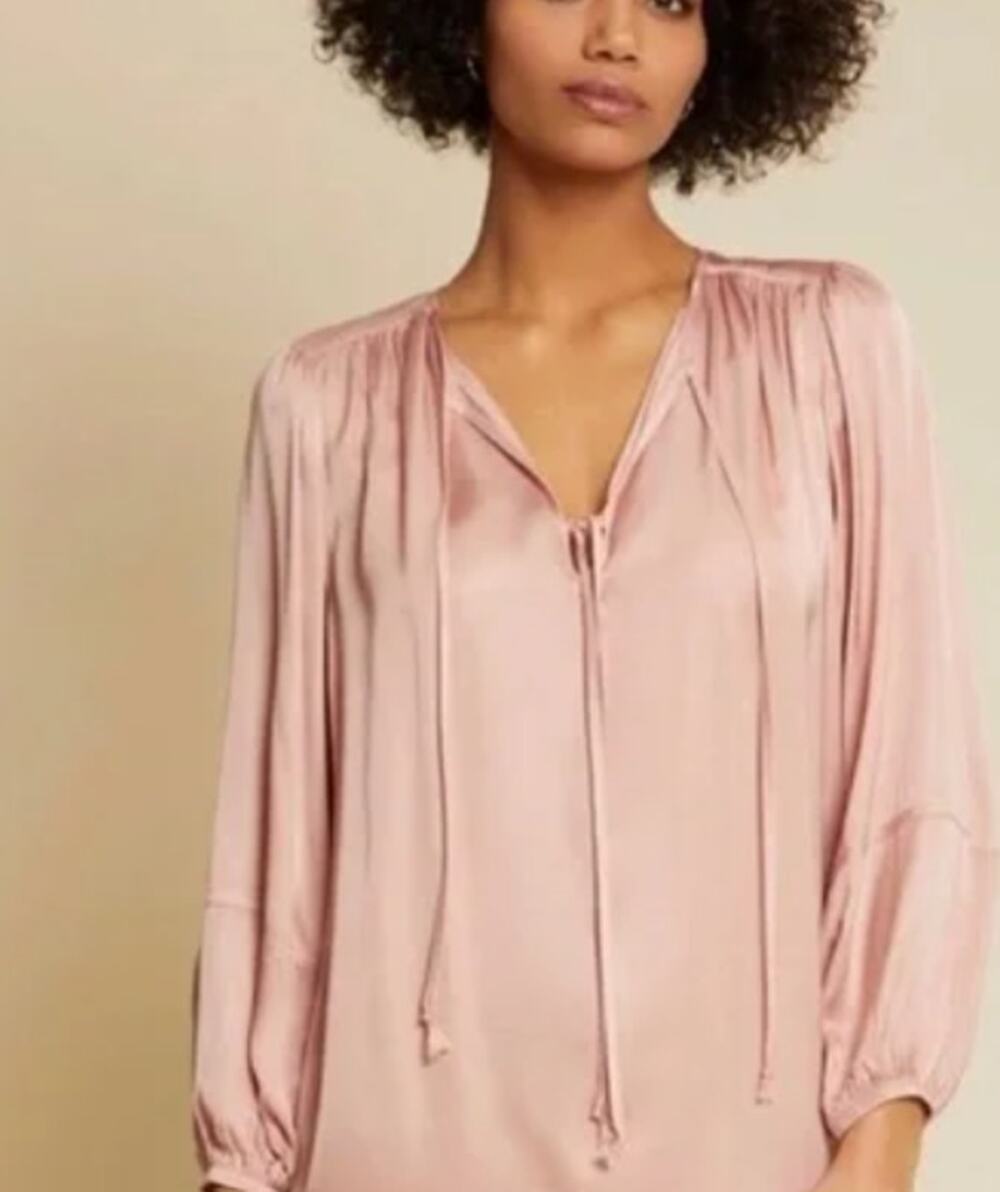 NATION Sandra Dusty Rose Satin Blouse Small Peasant Top Tie Neck Pink